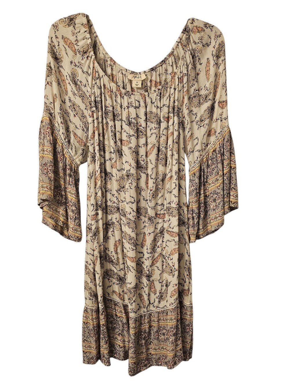 Boho Paisley Peasant Dress in Cream & Brown